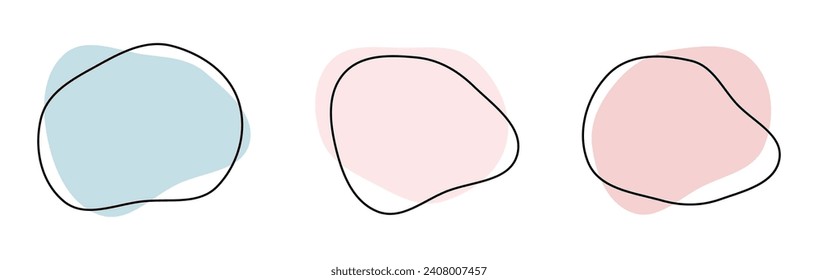Organic amoeba blob shape abstract pink blue color with line vector illustration isolated on transparent background. Set of irregular round blot form graphic element. Doodle drops with outline circle