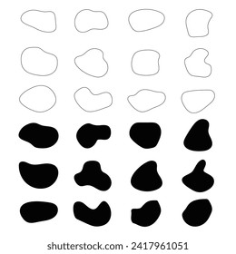 Organic amoeba blob shape abstract green color with line vector illustration isolated on transparent background. Set of irregular round blot form graphic element. Doodle drops with outline circle.