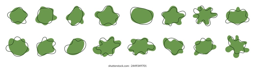 Organic amoeba blob shape abstract green color with line vector illustration isolated on transparent background. Set of irregular round blot form graphic element. Doodle drops with outline circle