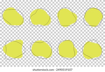 Forma de mancha de ameba orgánica color amarillo abstracto con Ilustración vectorial de línea aislada sobre fondo transparente. Conjunto de elemento gráfico de forma de mancha redonda irregular. Gotas de garabato con círculo de contorno