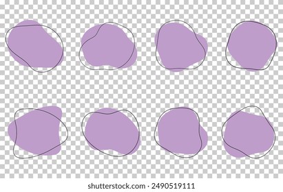 Forma de mancha de ameba orgánica color violeta abstracto con Ilustración vectorial de línea aislada sobre fondo transparente. Conjunto de elemento gráfico de forma de mancha redonda irregular. Gotas de garabato con círculo de contorno