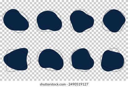 Organic amoeba blob shape abstract blue color with line vector illustration isolated on transparent background. Set of irregular round blot form graphic element. Doodle drops with outline circle