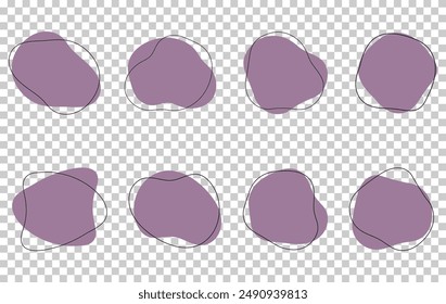 Forma de mancha de ameba orgánica color magenta abstracto con Ilustración vectorial de línea aislada sobre fondo transparente. Conjunto de elemento gráfico de forma de mancha redonda irregular. Gotas de garabato con círculo de contorno