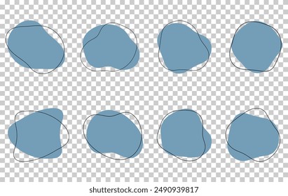 Organic amoeba blob shape abstract blue color with line vector illustration isolated on transparent background. Set of irregular round blot form graphic element. Doodle drops with outline circle