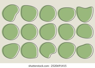 Organic amoeba blob shape abstract green color with line vector illustration isolated on transparent background. Set of irregular round blot form graphic element. Doodle drops with outline circle
