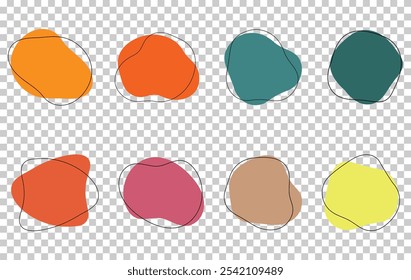 Color abstracto orgánico de la forma de la mancha de la ameba con la Ilustración vectorial de la línea aislada en fondo transparente. Conjunto de elemento gráfico de forma de blot redondo irregular. Doodle gotas con círculo de contorno