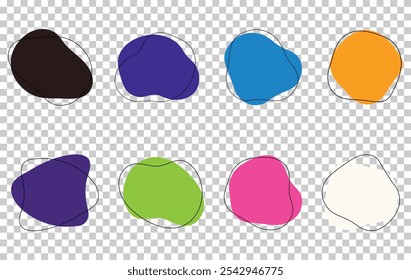 Color abstracto orgánico de la forma de la mancha de la ameba con la Ilustración vectorial de la línea aislada en fondo transparente. Conjunto de elemento gráfico de forma de blot redondo irregular. Doodle gotas con círculo de contorno