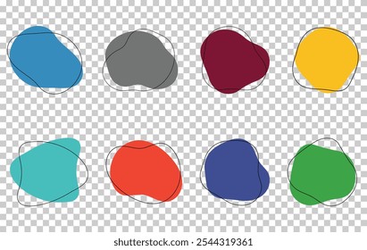 Organic amoeba blob shape abstract color with line vector illustration isolated on transparent background. Set of irregular round blot form graphic element. Doodle drops with outline circle