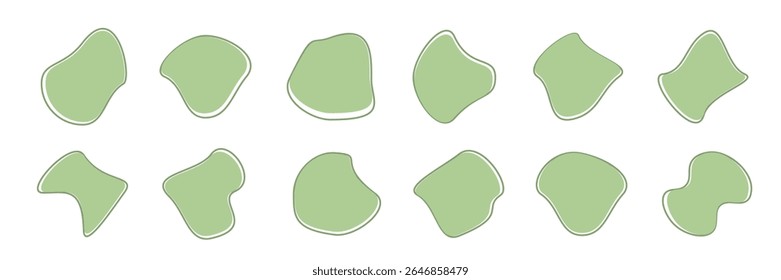 Organische Amöben-Kleckse, abstrakte Farbe mit Linien, Vektorgrafik einzeln auf weißem Hintergrund. Satz von unregelmäßigen runden Blot Form Grafikelement. Doodle Tropfen mit Umrisskreis.