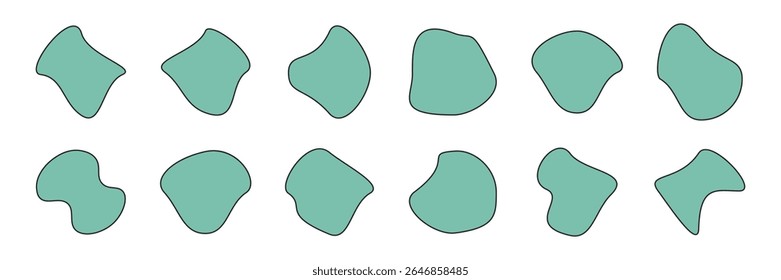 Cor abstrata da forma de bolha de ameba orgânica com ilustração de vetor de linha isolada no fundo branco. Conjunto de elementos gráficos em forma de borrão redondo irregular. Quedas de rabiscar com círculo de contorno.