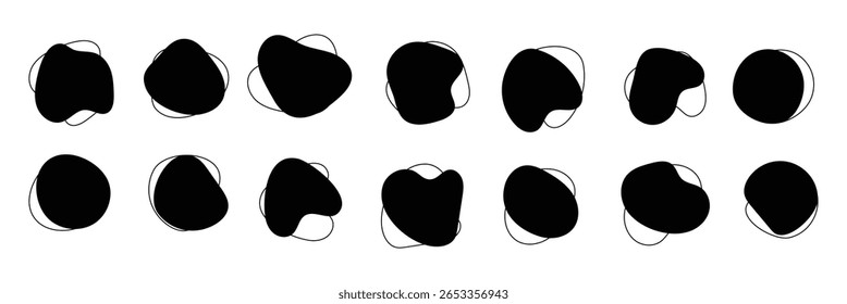Organic amoeba blob shape abstract with line vector illustration isolated on transparent background. Set of irregular round blot form graphic element. Doodle drops with outline circle . design eps 10 