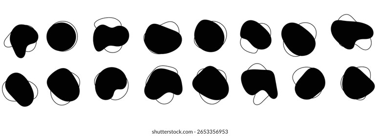 Organische Amöben-Kleckse, abstrakt, mit Linien, Vektorgrafik einzeln auf transparentem Hintergrund. Satz von unregelmäßigen runden Blot Form Grafikelement. Doodle Tropfen mit Umrisskreis. design eps 10 