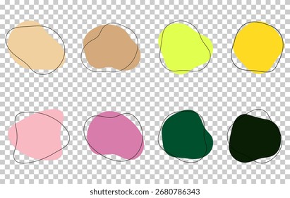 Organic amoeba blob shape abstract color with line vector illustration isolated on transparent background. Set of irregular round blot form graphic element. Doodle drops with outline circle