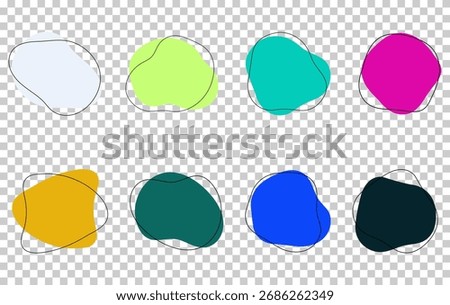 Organic amoeba blob shape abstract color with line vector illustration isolated on transparent background. Set of irregular round blot form graphic element. Doodle drops with outline circle