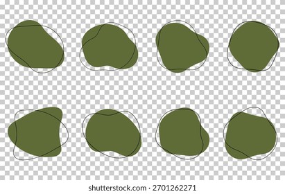 Organic amoeba blob shape desaturated yellow color with line vector illustration isolated on transparent background. Set of irregular round blot form graphic element. Doodle drops with outline circle