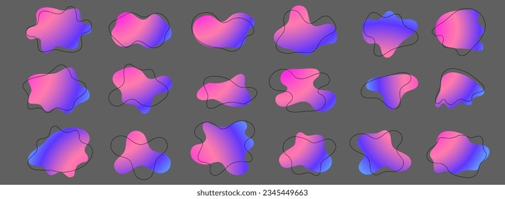 Organic amoeba blob shape gradient vector illustration set Abstract irregular form Flat style Fluid for design and paint Simple amoeba shape Asymmetric spot Clipart of bubble blotch, deform drip