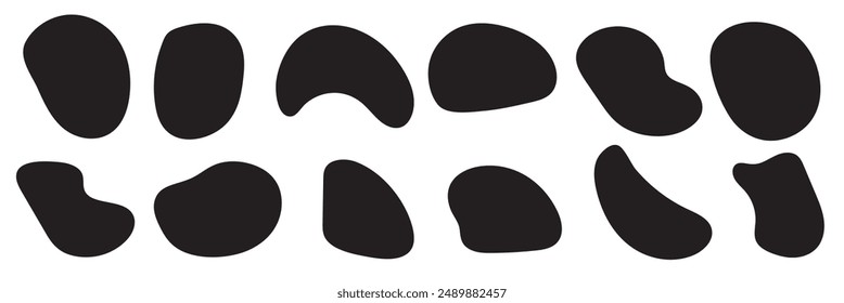 Organic amoeba blob shapes black color with vector illustration isolated on white background. Irregular round blob for graphic element, graphic flat style design fluid vector illustration set.