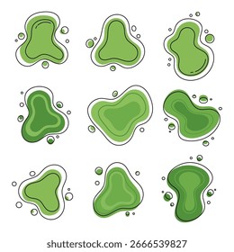 Ameba orgánica en forma de gota, color verde abstracto con Ilustración vectorial de línea. Forma verde orgánica con forma lisa e irregular. Ilustración vectorial abstracta.