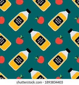 Organic apple cider vinegar bottles and apple fruits vector cartoon seamless pattern background.
