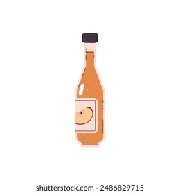 Organic apple cider vinegar. Vector graphics of a glass bottle. Ideal illustration for kitchen and menu. A basic culinary ingredient is depicted. Flat cartoon style on isolated background.