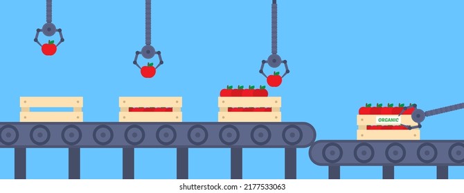 portador de manzanas orgánicas o línea automática de embalaje de brazos robóticos cricket ilustración vectorial