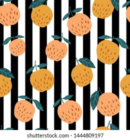 Organic apples seamless pattern on stripes background. Cute apple in hand drawn style. Design for fabric, textile print, wrapping paper, children textile. Vector illustration