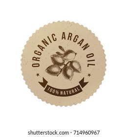 Organic Argan Oil Emblem With Hand Drawn Nuts In Eco Friendly Style. Vector Illustration