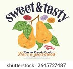 Organic artwork for t shirt print, poster, sticker and other uses. Sweet and tasty. Organic fruit farm. Pear club print design.