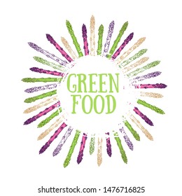 Organic asparagus hand drawn vector illustration. Round frame from white, green and purple asparagus sprouts on white background. Fresh and healthy vegetarian food concept. Natural food ingredient