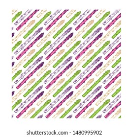 Organic asparagus hand drawn vector illustration. White, green and purple asparagus sprouts on white background. Fresh and healthy vegetarian food seamless pattern. Natural food ingredient