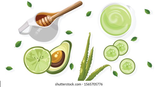 Organic avocado treatment products with spray bottles and tubes. Honey jar and cucumber slices. Wooden background. Natural herbal cosmetic Vector