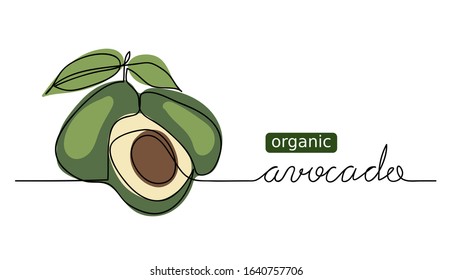 Organic avocado vector doodle, sketch. One continuous line drawing, background, banner, illustration of avocado.