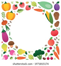 Organic background. Colorful circle frame made of vegetables and fruits drawn in a flat style. Blank space for your text included. Vector 10 EPS.