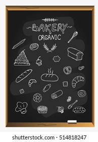 organic bakery. icons set with various sorts of bread, sweet buns, cupcakes, dough and cakes for bakery shop or food design.Bakery and pastry products.