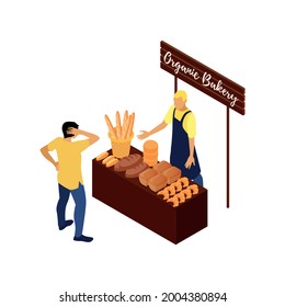 Organic bakery market stall with vendor selling fresh bread and pastry isometric vector illustration
