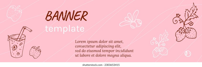 Organic banner template with berries. Pink Vector background cocktail, strawberries, blueberries.