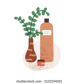 Organic beauty cosmetic products, shampoo, gel in bottle and cream in jar. Natural vegan essences for skin care. Eco green essentials. Flat graphic vector illustration isolated on white background