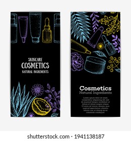 Organic beauty cosmetics banner set. Hand drawn sketch. Packaging design. Cosmetic tubes and natural plants on white background. Vintage vector illustration. Design template.