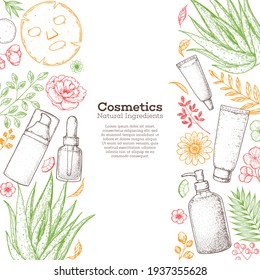 Organic Beauty Cosmetics. Hand Drawn Sketch. Packaging Design. Cosmetic Tubes And Natural Plants On White Background. Vintage Vector Illustration. Design Template.