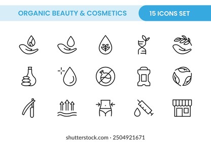 Organic Beauty and Cosmetics product outline icon set. editable line icon collection.