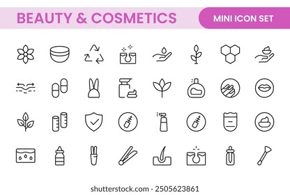 Organic Beauty and Cosmetics product outline icon set. editable line icon collection.