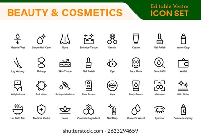 Organic Beauty and Cosmetics product outline icon set. editable line icon collection.