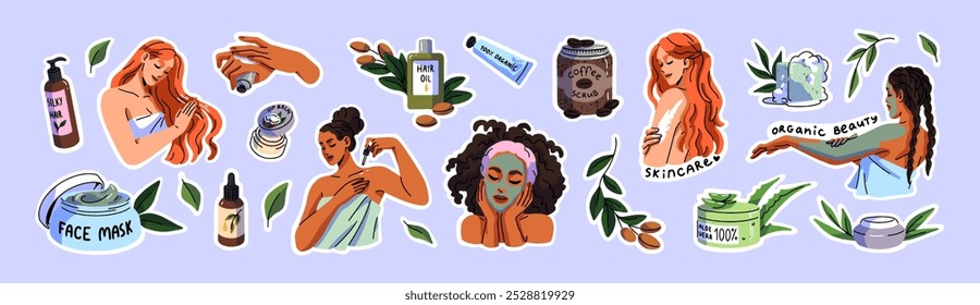 Organic beauty cosmetics set. Natural bodycare, skincare products for SPA routine, bathing. Girls care about skin, body with moisturizing cream, serum, face mask. Flat isolated vector illustrations