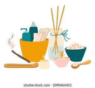 Productos de belleza orgánicos Los artículos de aseo son relajantes. Botellas de vidrio, aceites naturales, incienso, esencias, lociones de hierbas, velas. salón de spa y bienestar. Ilustración vectorial de dibujo de mano plana de color.