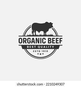 Organic Beef Logo Vector or Organic Beef Label Vector Isolated. Cattle logo template in trendy style. Farm animal logo inspiration. Organic Beef Logo or Label text 100% organic.