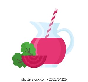 Organic Beetroot Juice. Fresh Red Beet Smoothie In A Jug With Beet Root Slice And Green Leaves. Healthy Vegetarian Drink. Simple Flat Cartoon Illustration. Isolated Object On White Background