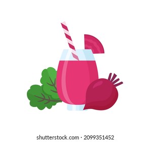 Organic Beetroot Juice. Fresh Red Beet Smoothie In A Glass With Whole Beet Root And Green Leaves. Healthy Vegetarian Drink. Simple Flat Cartoon Illustration. Isolated Object On White Background