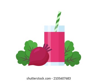 Organic Beetroot Juice. Fresh Red Beet Smoothie In A Glass With Whole Beet Root And Green Leaves. Healthy Vegetarian Drink. Simple Flat Cartoon Illustration. Isolated Object On White Background