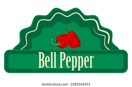 Organic Bell Pepper packaging tag. Classic vegetable green label tag or sticker with red sweet fresh bell pepper. Fresh natural product badge.