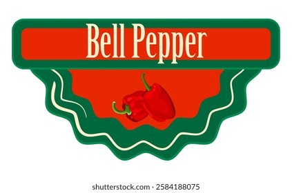 Organic Bell Pepper packaging tag. Classic vegetable green and orange label tag or sticker with red sweet fresh bell pepper. Fresh natural product badge.